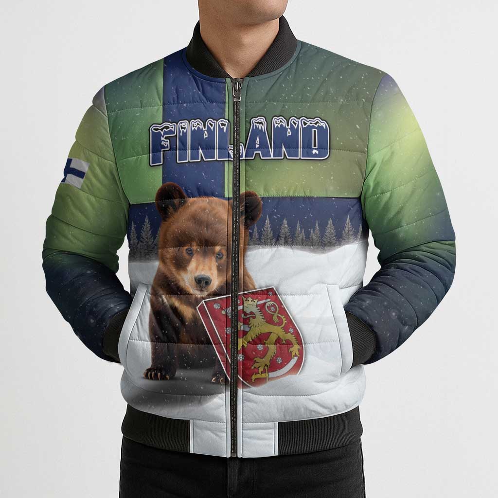 Personalized Finland Bomber Puffer Jacket Brown Bear With Symbol Under The Aurora Sky - Wonder Print Shop