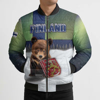 Personalized Finland Bomber Puffer Jacket Brown Bear With Symbol Under The Aurora Sky - Wonder Print Shop