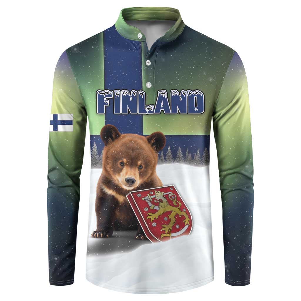Personalized Finland Button Sweatshirt Brown Bear With Symbol Under The Aurora Sky - Wonder Print Shop