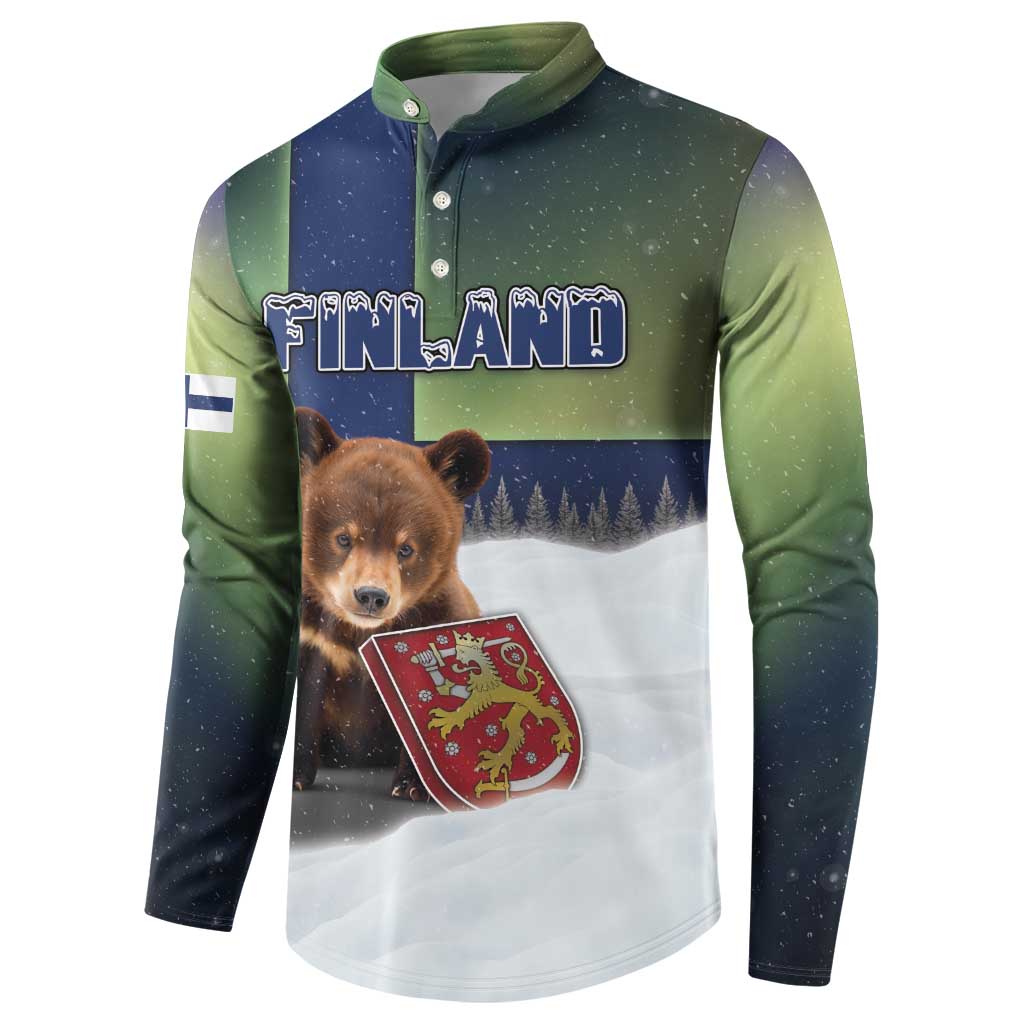 Personalized Finland Button Sweatshirt Brown Bear With Symbol Under The Aurora Sky - Wonder Print Shop