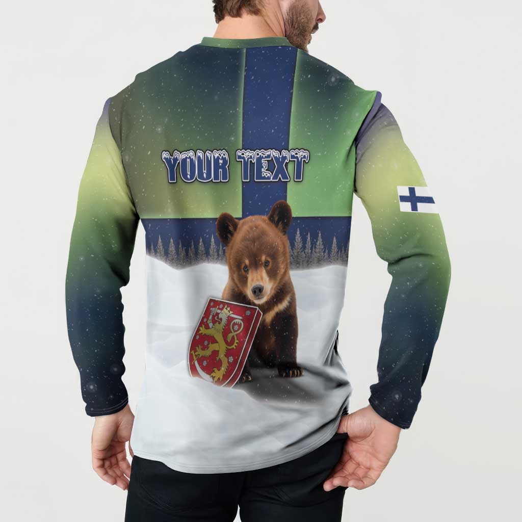 Personalized Finland Button Sweatshirt Brown Bear With Symbol Under The Aurora Sky - Wonder Print Shop