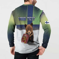 Personalized Finland Button Sweatshirt Brown Bear With Symbol Under The Aurora Sky - Wonder Print Shop