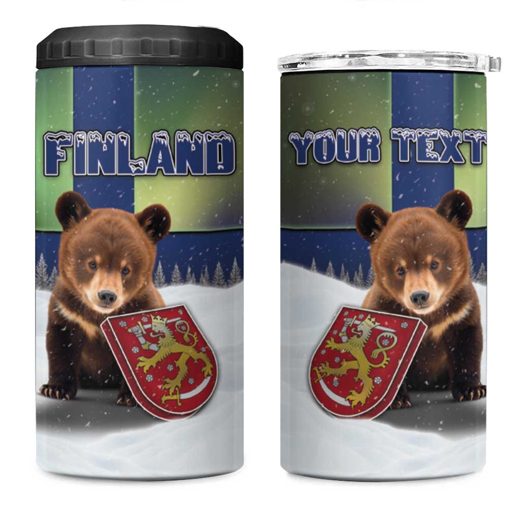 Personalized Finland 4 in 1 Can Cooler Tumbler Brown Bear With Symbol Under The Aurora Sky - Wonder Print Shop
