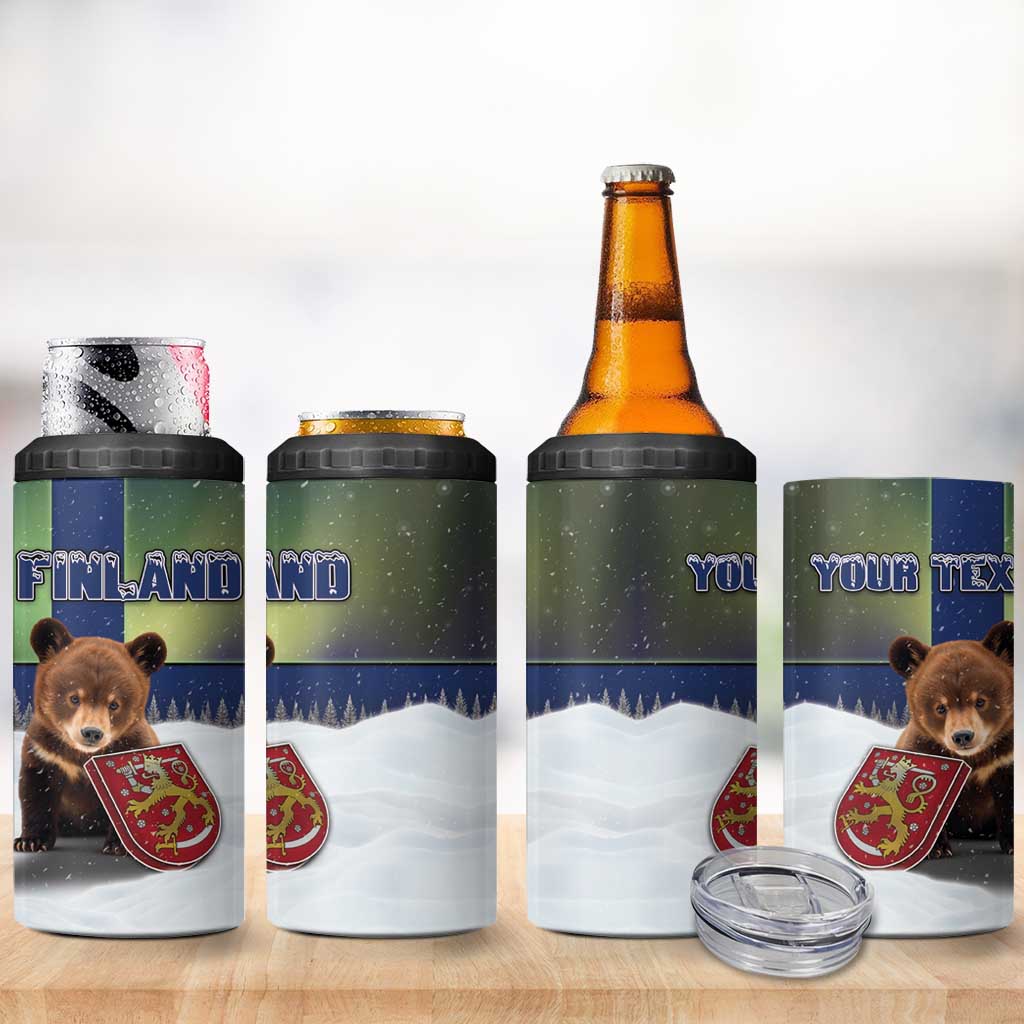 Personalized Finland 4 in 1 Can Cooler Tumbler Brown Bear With Symbol Under The Aurora Sky - Wonder Print Shop