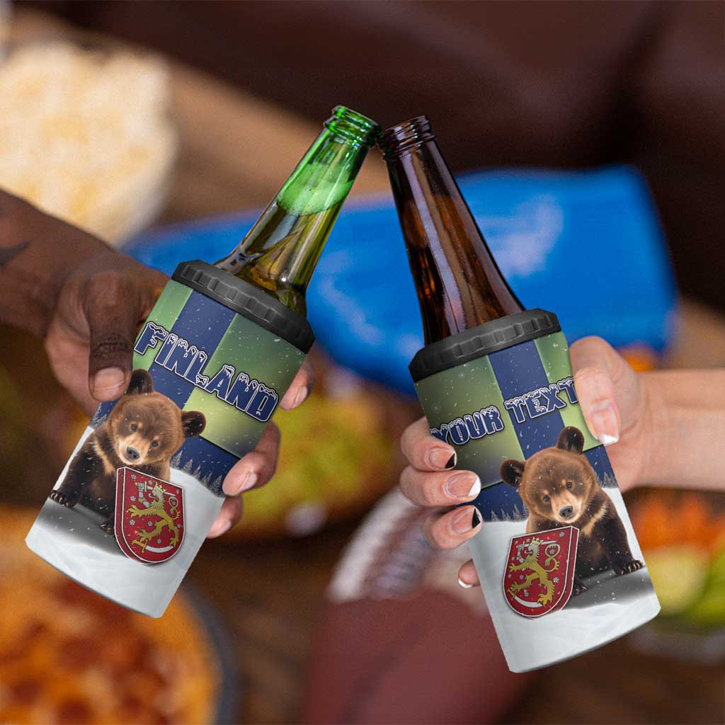Personalized Finland 4 in 1 Can Cooler Tumbler Brown Bear With Symbol Under The Aurora Sky - Wonder Print Shop