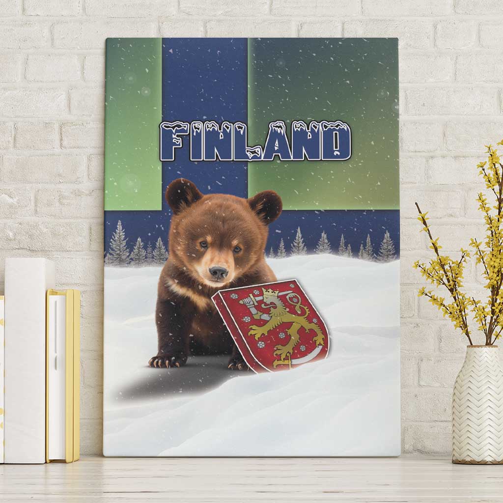 Finland Canvas Wall Art Brown Bear With Symbol Under The Aurora Sky - Wonder Print Shop