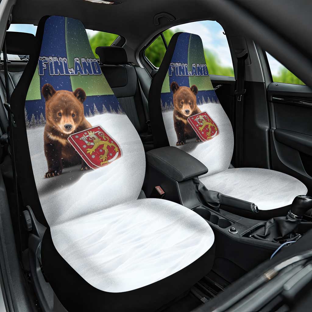Finland Car Seat Cover Brown Bear With Symbol Under The Aurora Sky - Wonder Print Shop