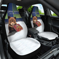 Finland Car Seat Cover Brown Bear With Symbol Under The Aurora Sky - Wonder Print Shop