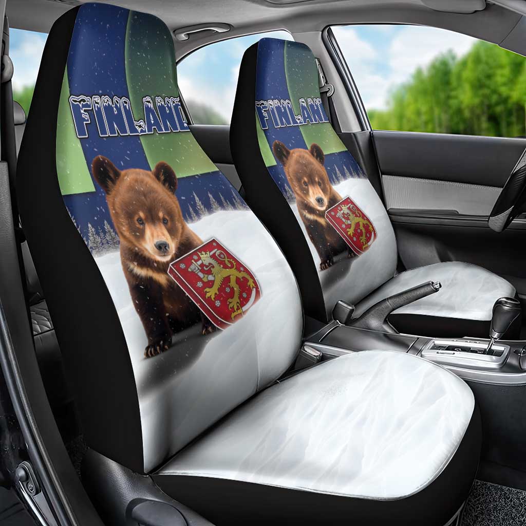 Finland Car Seat Cover Brown Bear With Symbol Under The Aurora Sky - Wonder Print Shop