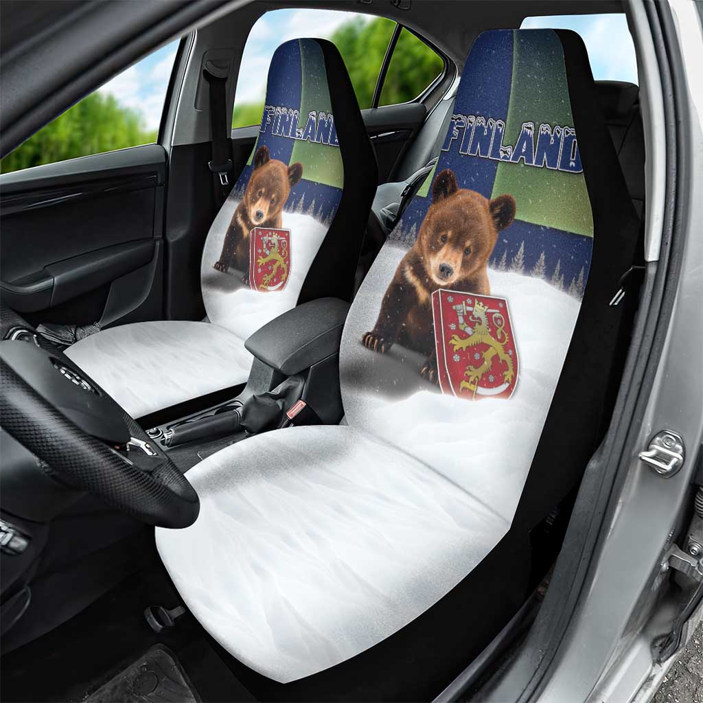 Finland Car Seat Cover Brown Bear With Symbol Under The Aurora Sky - Wonder Print Shop