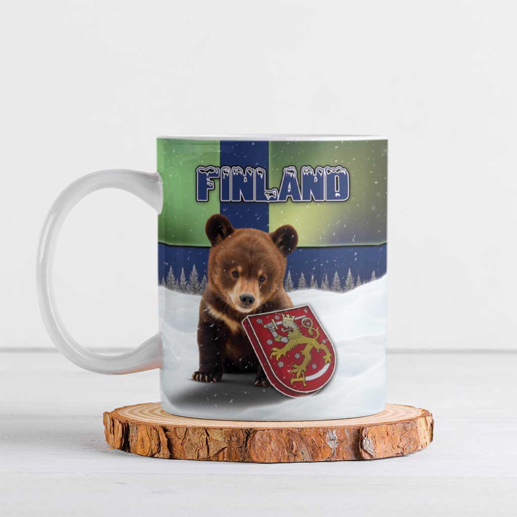 Personalized Finland Ceramic Mug Brown Bear With Symbol Under The Aurora Sky - Wonder Print Shop