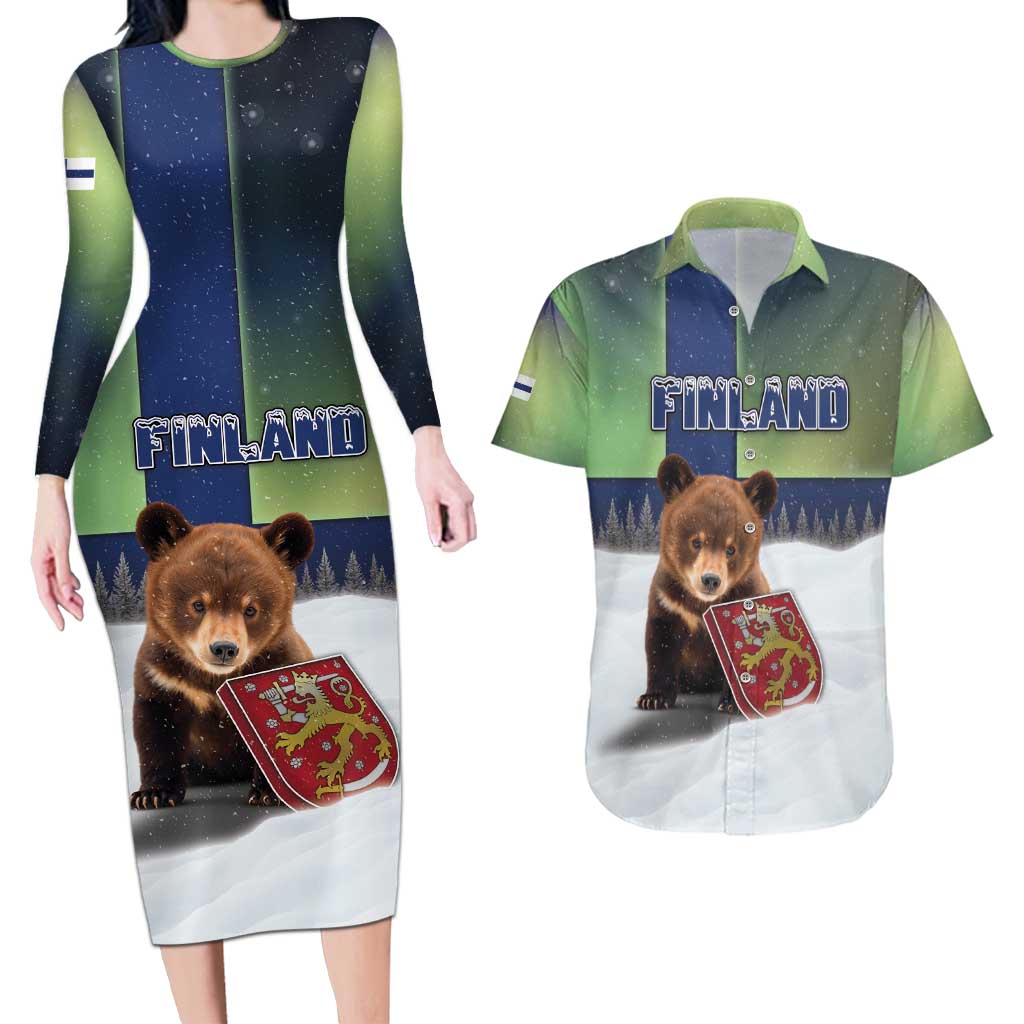 Personalized Finland Couples Matching Long Sleeve Bodycon Dress and Hawaiian Shirt Brown Bear With Symbol Under The Aurora Sky - Wonder Print Shop