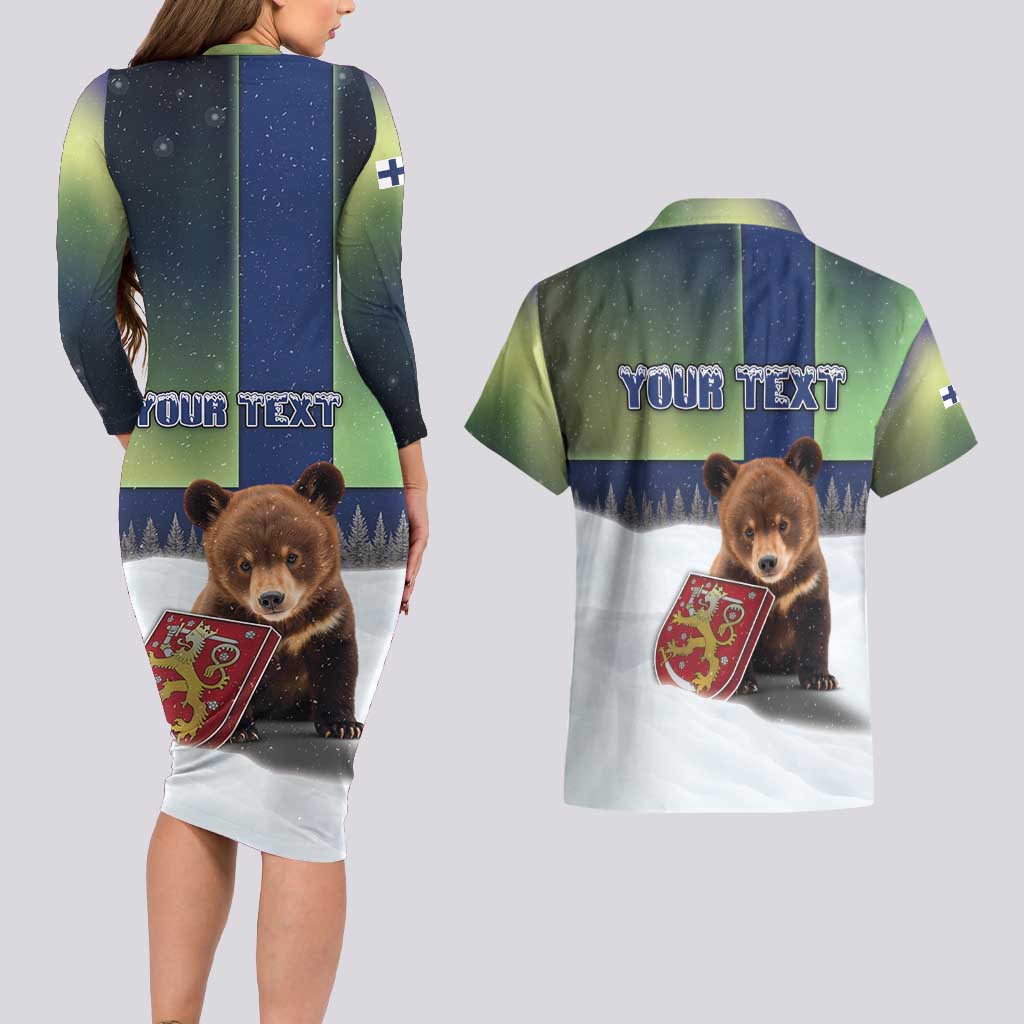 Personalized Finland Couples Matching Long Sleeve Bodycon Dress and Hawaiian Shirt Brown Bear With Symbol Under The Aurora Sky - Wonder Print Shop