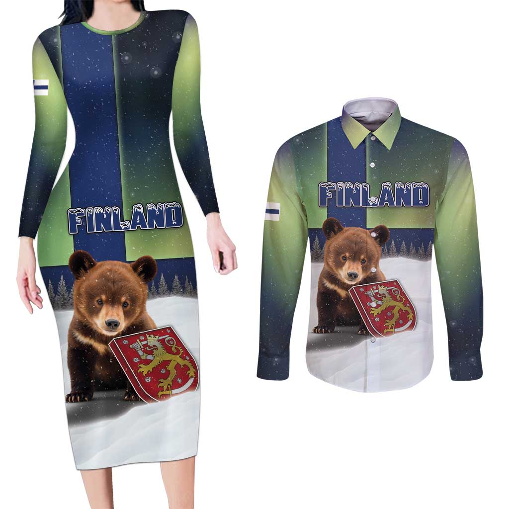 Personalized Finland Couples Matching Long Sleeve Bodycon Dress and Long Sleeve Button Shirt Brown Bear With Symbol Under The Aurora Sky - Wonder Print Shop