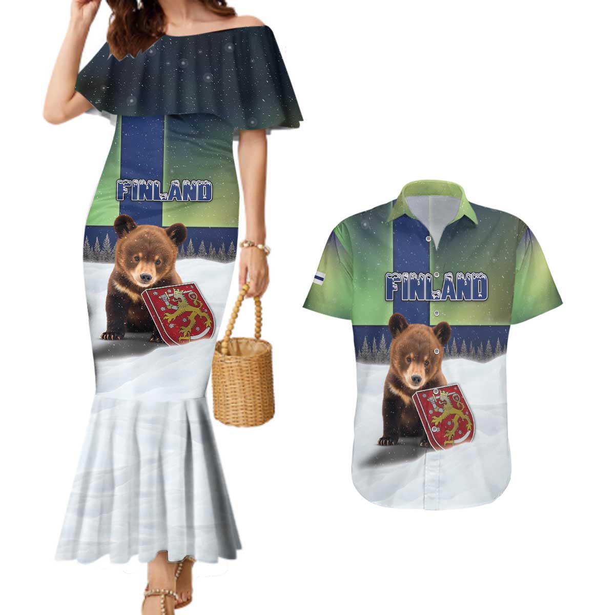 Personalized Finland Couples Matching Mermaid Dress and Hawaiian Shirt Brown Bear With Symbol Under The Aurora Sky - Wonder Print Shop