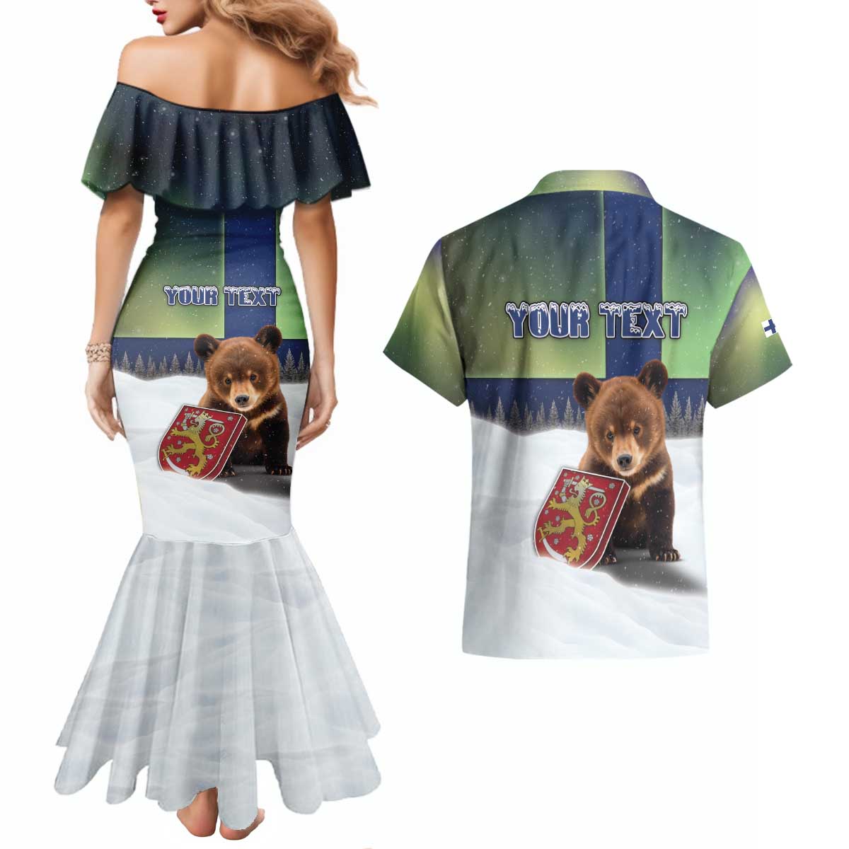 Personalized Finland Couples Matching Mermaid Dress and Hawaiian Shirt Brown Bear With Symbol Under The Aurora Sky - Wonder Print Shop