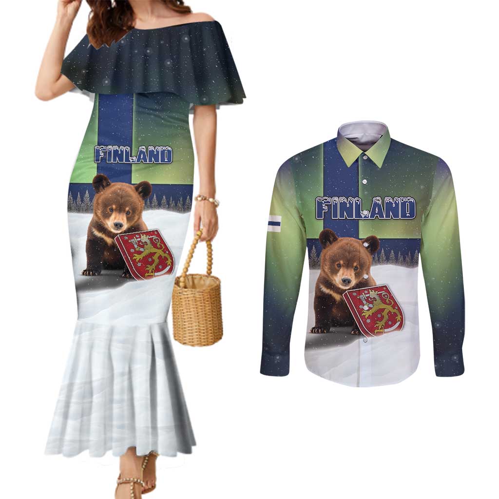 Personalized Finland Couples Matching Mermaid Dress and Long Sleeve Button Shirt Brown Bear With Symbol Under The Aurora Sky - Wonder Print Shop