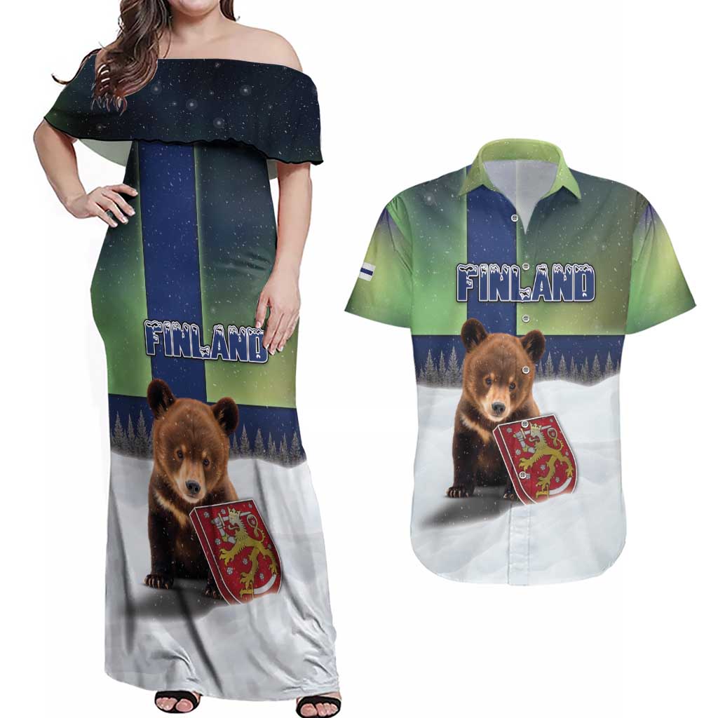 Personalized Finland Couples Matching Off Shoulder Maxi Dress and Hawaiian Shirt Brown Bear With Symbol Under The Aurora Sky - Wonder Print Shop