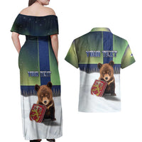 Personalized Finland Couples Matching Off Shoulder Maxi Dress and Hawaiian Shirt Brown Bear With Symbol Under The Aurora Sky - Wonder Print Shop