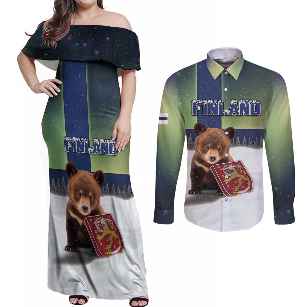 Personalized Finland Couples Matching Off Shoulder Maxi Dress and Long Sleeve Button Shirt Brown Bear With Symbol Under The Aurora Sky - Wonder Print Shop