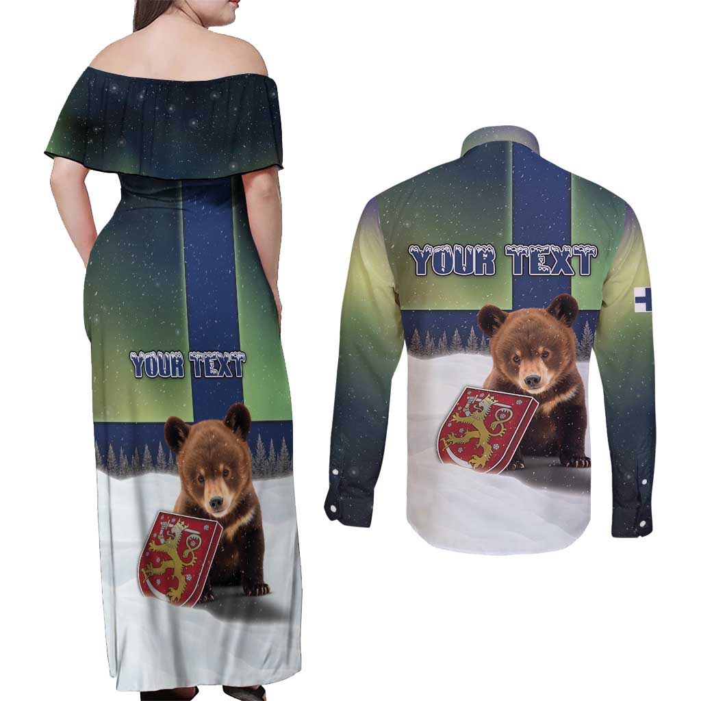 Personalized Finland Couples Matching Off Shoulder Maxi Dress and Long Sleeve Button Shirt Brown Bear With Symbol Under The Aurora Sky - Wonder Print Shop