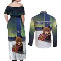 Personalized Finland Couples Matching Off Shoulder Maxi Dress and Long Sleeve Button Shirt Brown Bear With Symbol Under The Aurora Sky - Wonder Print Shop