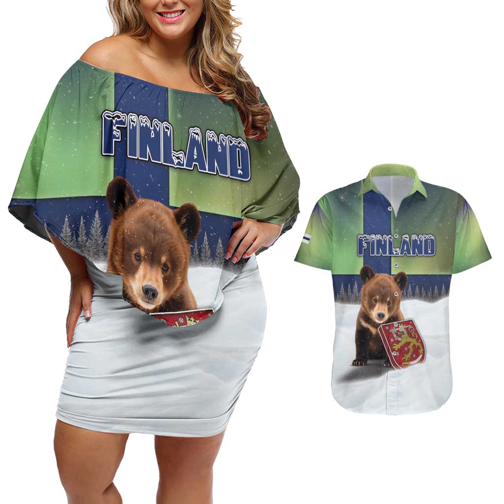 Personalized Finland Couples Matching Off Shoulder Short Dress and Hawaiian Shirt Brown Bear With Symbol Under The Aurora Sky - Wonder Print Shop