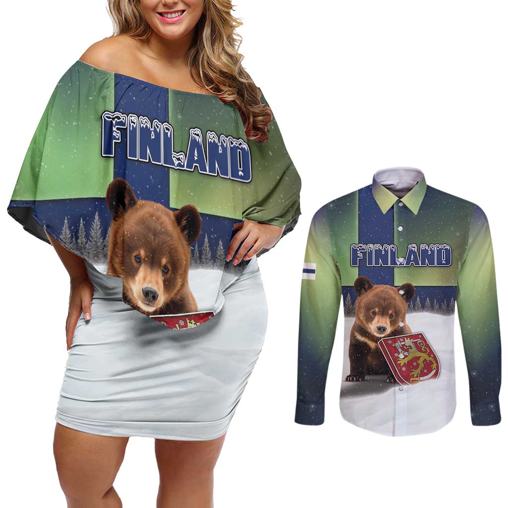 Personalized Finland Couples Matching Off Shoulder Short Dress and Long Sleeve Button Shirt Brown Bear With Symbol Under The Aurora Sky - Wonder Print Shop