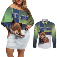 Personalized Finland Couples Matching Off Shoulder Short Dress and Long Sleeve Button Shirt Brown Bear With Symbol Under The Aurora Sky - Wonder Print Shop