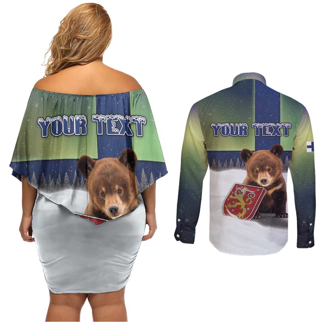 Personalized Finland Couples Matching Off Shoulder Short Dress and Long Sleeve Button Shirt Brown Bear With Symbol Under The Aurora Sky - Wonder Print Shop