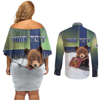 Personalized Finland Couples Matching Off Shoulder Short Dress and Long Sleeve Button Shirt Brown Bear With Symbol Under The Aurora Sky - Wonder Print Shop