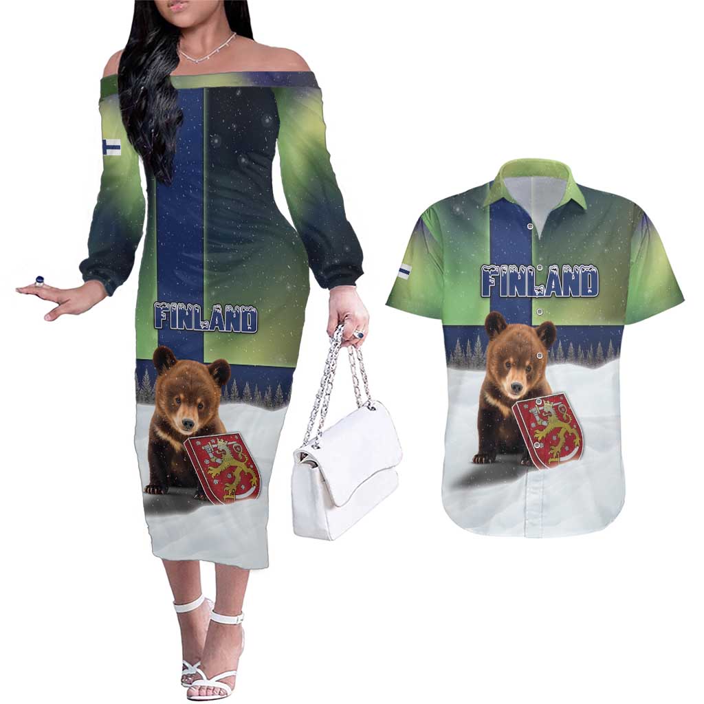Personalized Finland Couples Matching Off The Shoulder Long Sleeve Dress and Hawaiian Shirt Brown Bear With Symbol Under The Aurora Sky - Wonder Print Shop