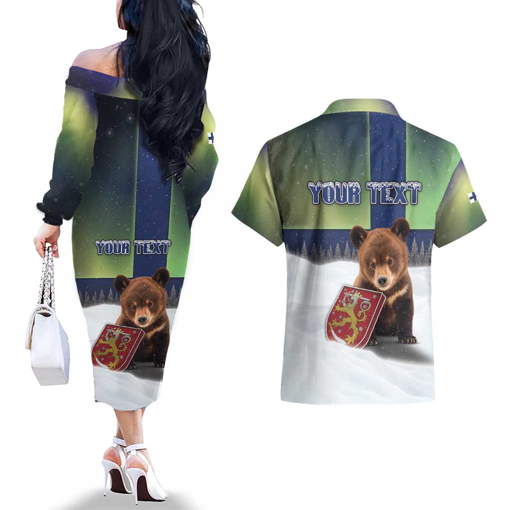 Personalized Finland Couples Matching Off The Shoulder Long Sleeve Dress and Hawaiian Shirt Brown Bear With Symbol Under The Aurora Sky - Wonder Print Shop
