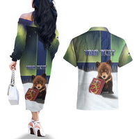 Personalized Finland Couples Matching Off The Shoulder Long Sleeve Dress and Hawaiian Shirt Brown Bear With Symbol Under The Aurora Sky - Wonder Print Shop