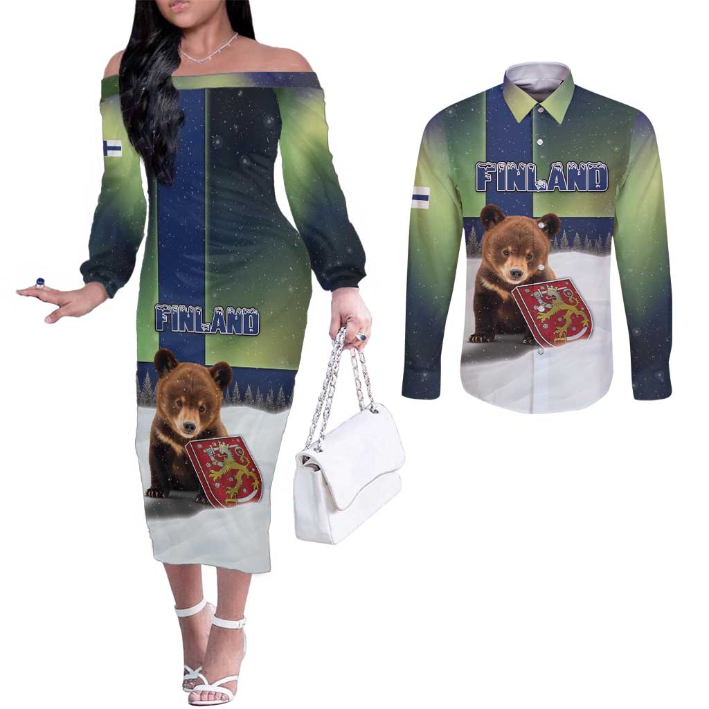 Personalized Finland Couples Matching Off The Shoulder Long Sleeve Dress and Long Sleeve Button Shirt Brown Bear With Symbol Under The Aurora Sky - Wonder Print Shop