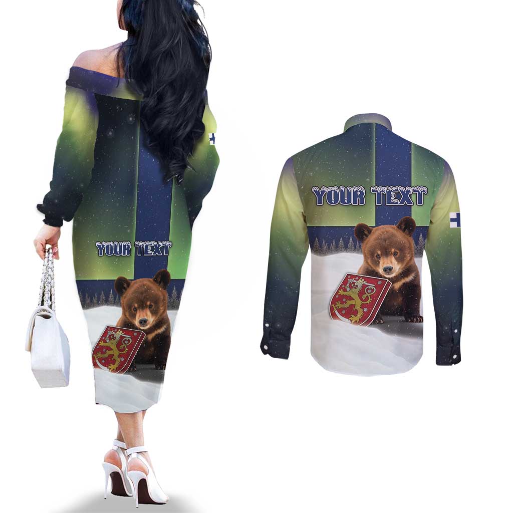 Personalized Finland Couples Matching Off The Shoulder Long Sleeve Dress and Long Sleeve Button Shirt Brown Bear With Symbol Under The Aurora Sky - Wonder Print Shop