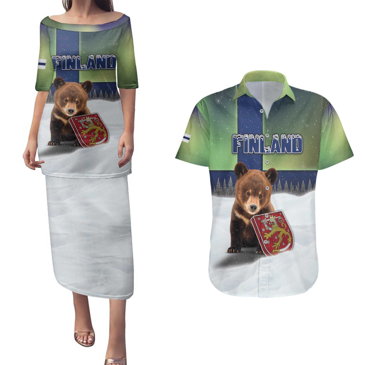 Personalized Finland Couples Matching Puletasi and Hawaiian Shirt Brown Bear With Symbol Under The Aurora Sky - Wonder Print Shop