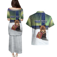 Personalized Finland Couples Matching Puletasi and Hawaiian Shirt Brown Bear With Symbol Under The Aurora Sky - Wonder Print Shop