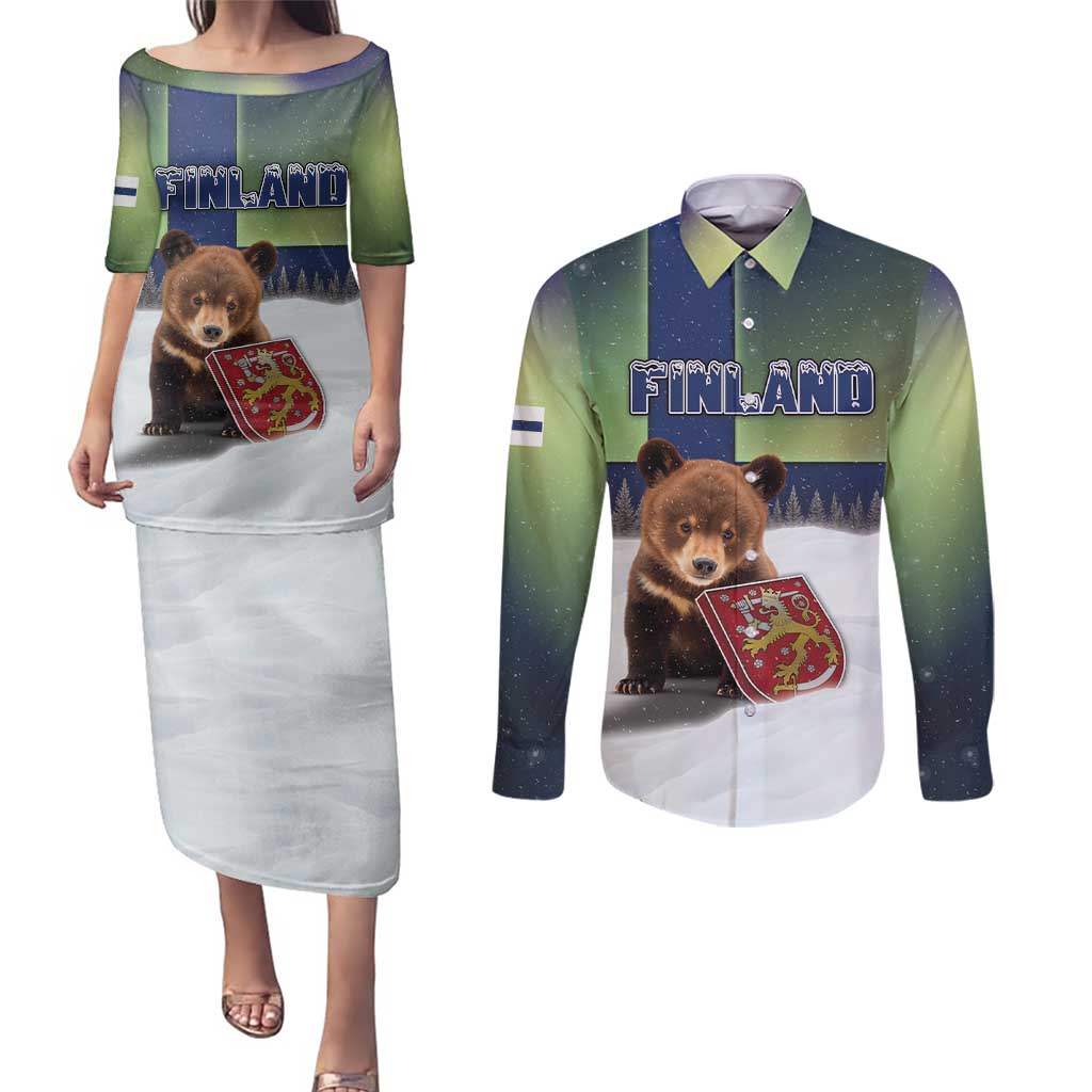 Personalized Finland Couples Matching Puletasi and Long Sleeve Button Shirt Brown Bear With Symbol Under The Aurora Sky - Wonder Print Shop