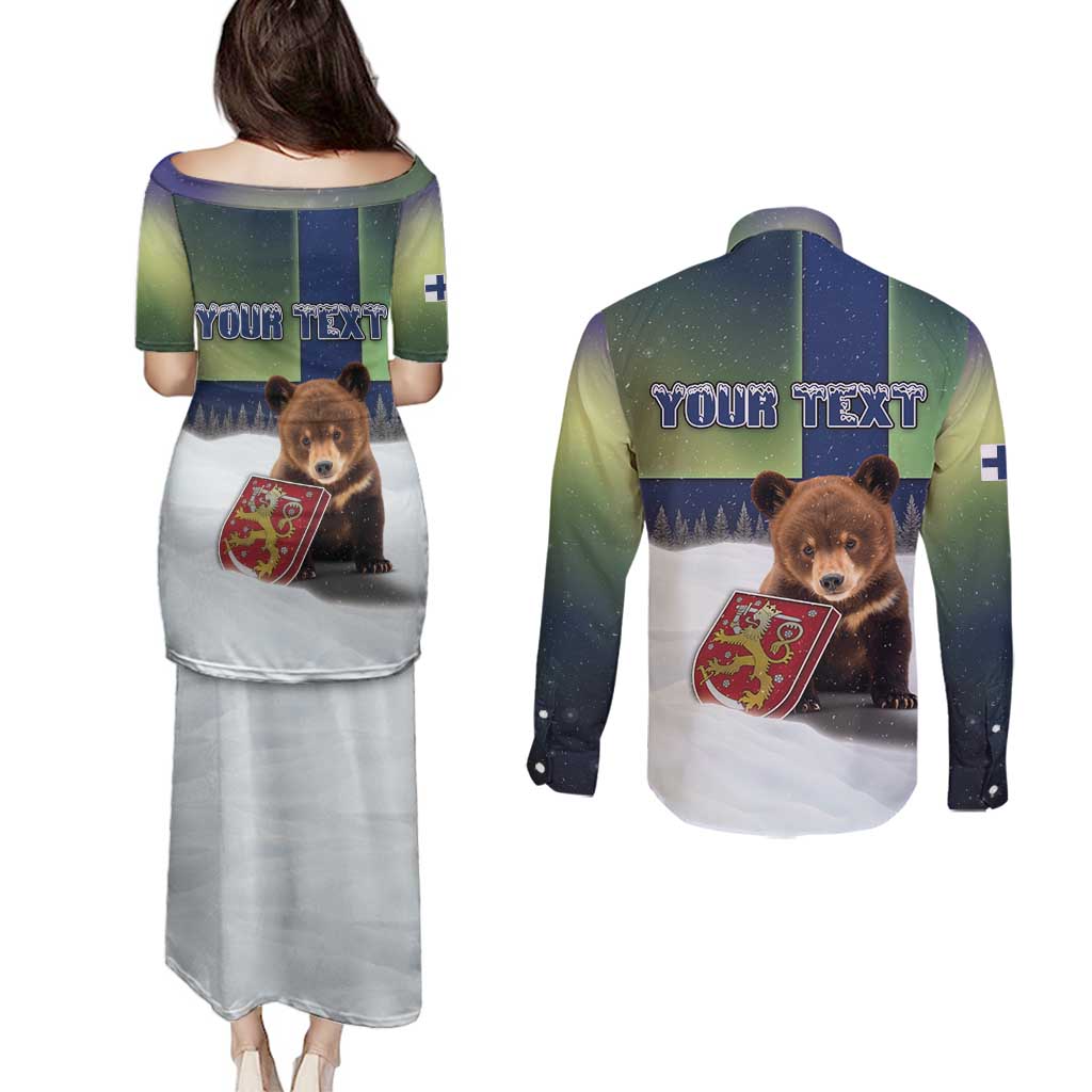 Personalized Finland Couples Matching Puletasi and Long Sleeve Button Shirt Brown Bear With Symbol Under The Aurora Sky - Wonder Print Shop