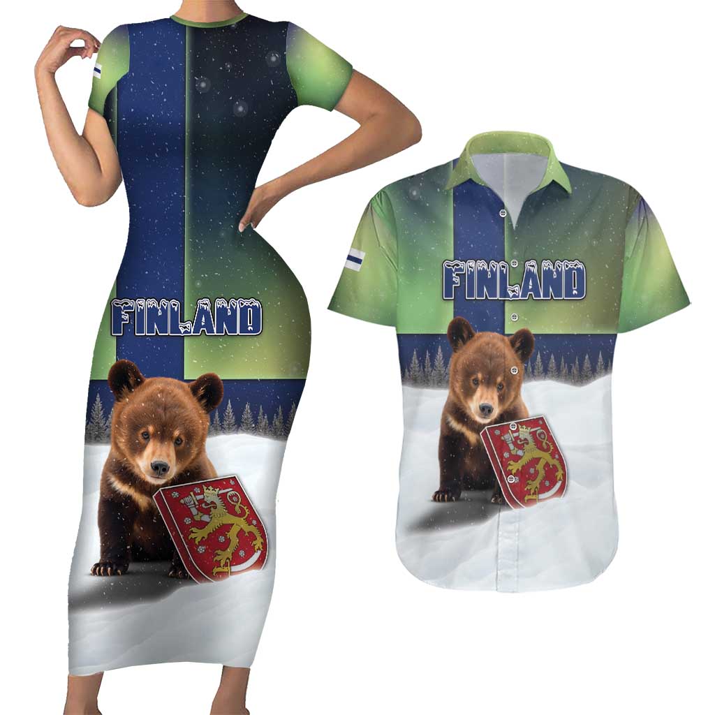Personalized Finland Couples Matching Short Sleeve Bodycon Dress and Hawaiian Shirt Brown Bear With Symbol Under The Aurora Sky - Wonder Print Shop