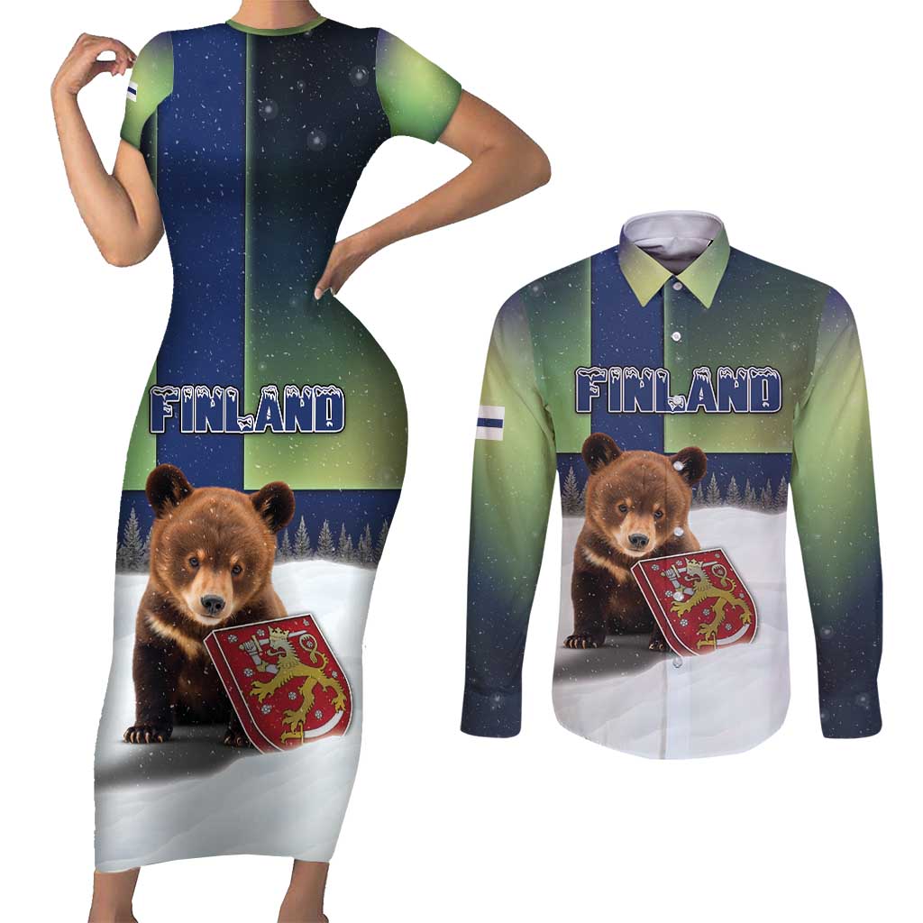 Personalized Finland Couples Matching Short Sleeve Bodycon Dress and Long Sleeve Button Shirt Brown Bear With Symbol Under The Aurora Sky - Wonder Print Shop