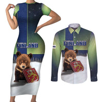 Personalized Finland Couples Matching Short Sleeve Bodycon Dress and Long Sleeve Button Shirt Brown Bear With Symbol Under The Aurora Sky - Wonder Print Shop