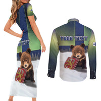 Personalized Finland Couples Matching Short Sleeve Bodycon Dress and Long Sleeve Button Shirt Brown Bear With Symbol Under The Aurora Sky - Wonder Print Shop