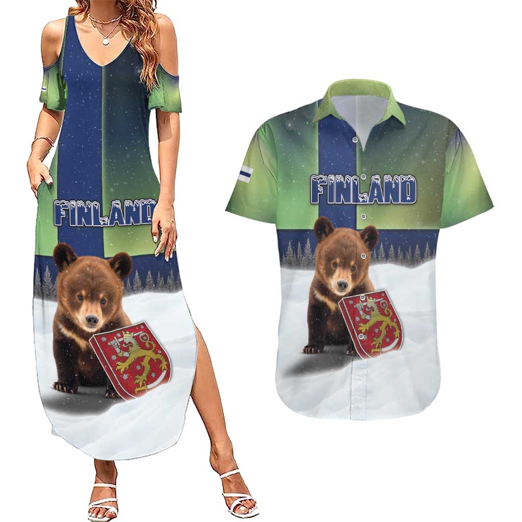 Personalized Finland Couples Matching Summer Maxi Dress and Hawaiian Shirt Brown Bear With Symbol Under The Aurora Sky - Wonder Print Shop