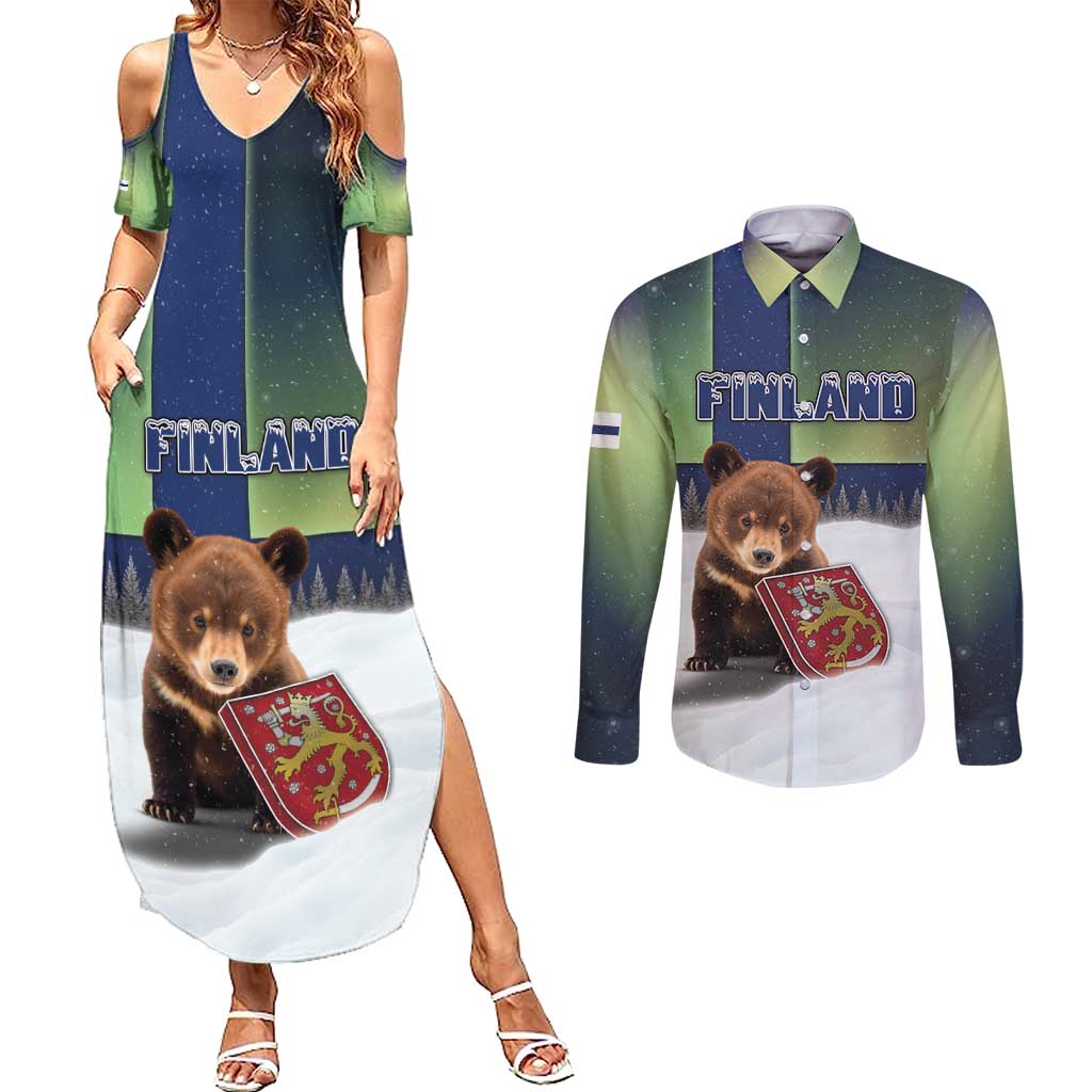 Personalized Finland Couples Matching Summer Maxi Dress and Long Sleeve Button Shirt Brown Bear With Symbol Under The Aurora Sky - Wonder Print Shop