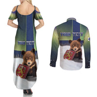 Personalized Finland Couples Matching Summer Maxi Dress and Long Sleeve Button Shirt Brown Bear With Symbol Under The Aurora Sky - Wonder Print Shop