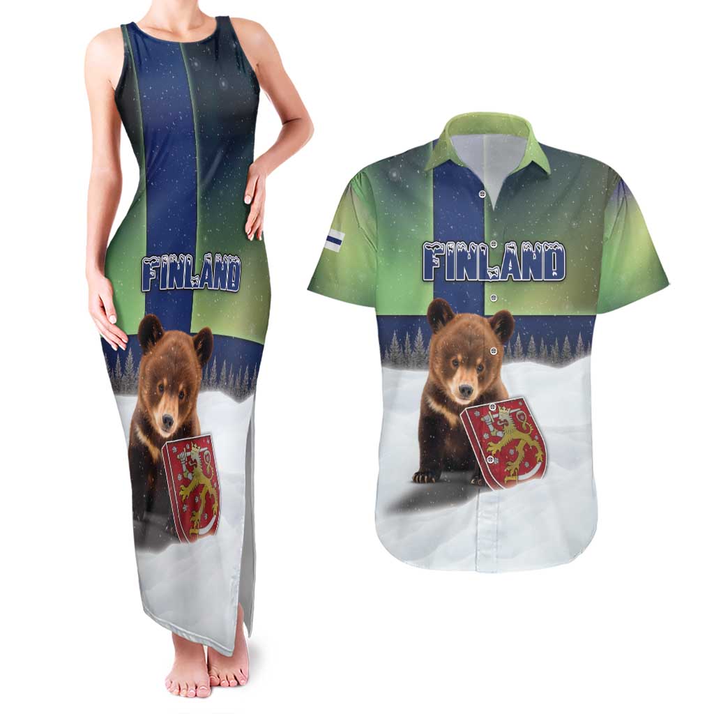 Personalized Finland Couples Matching Tank Maxi Dress and Hawaiian Shirt Brown Bear With Symbol Under The Aurora Sky - Wonder Print Shop