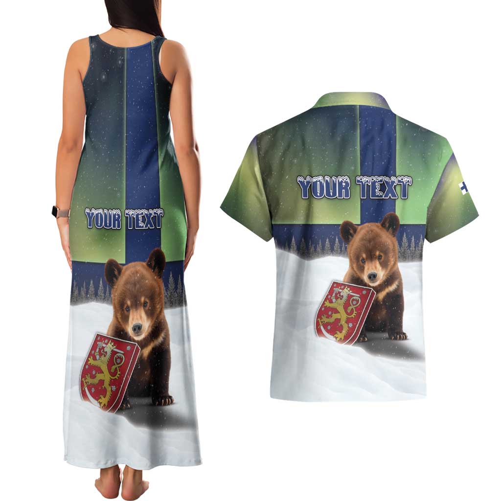Personalized Finland Couples Matching Tank Maxi Dress and Hawaiian Shirt Brown Bear With Symbol Under The Aurora Sky - Wonder Print Shop
