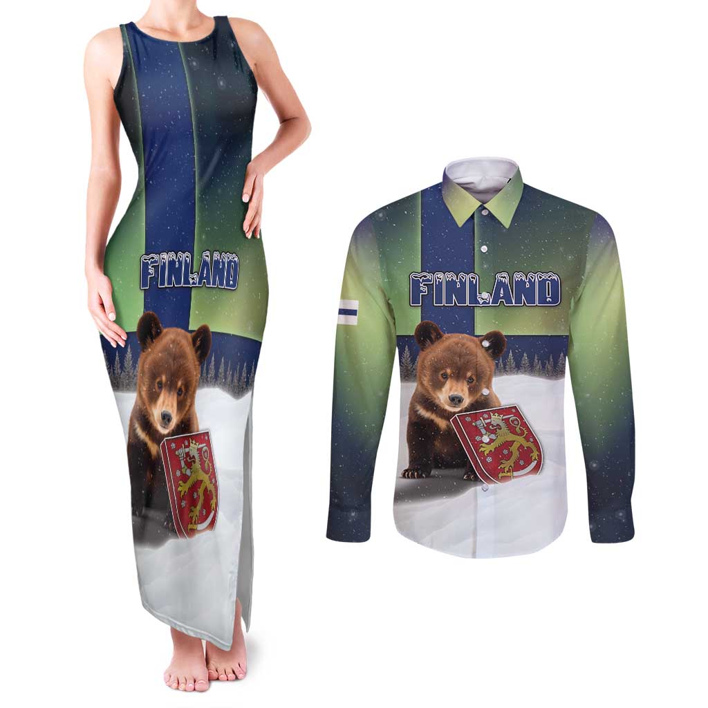 Personalized Finland Couples Matching Tank Maxi Dress and Long Sleeve Button Shirt Brown Bear With Symbol Under The Aurora Sky - Wonder Print Shop